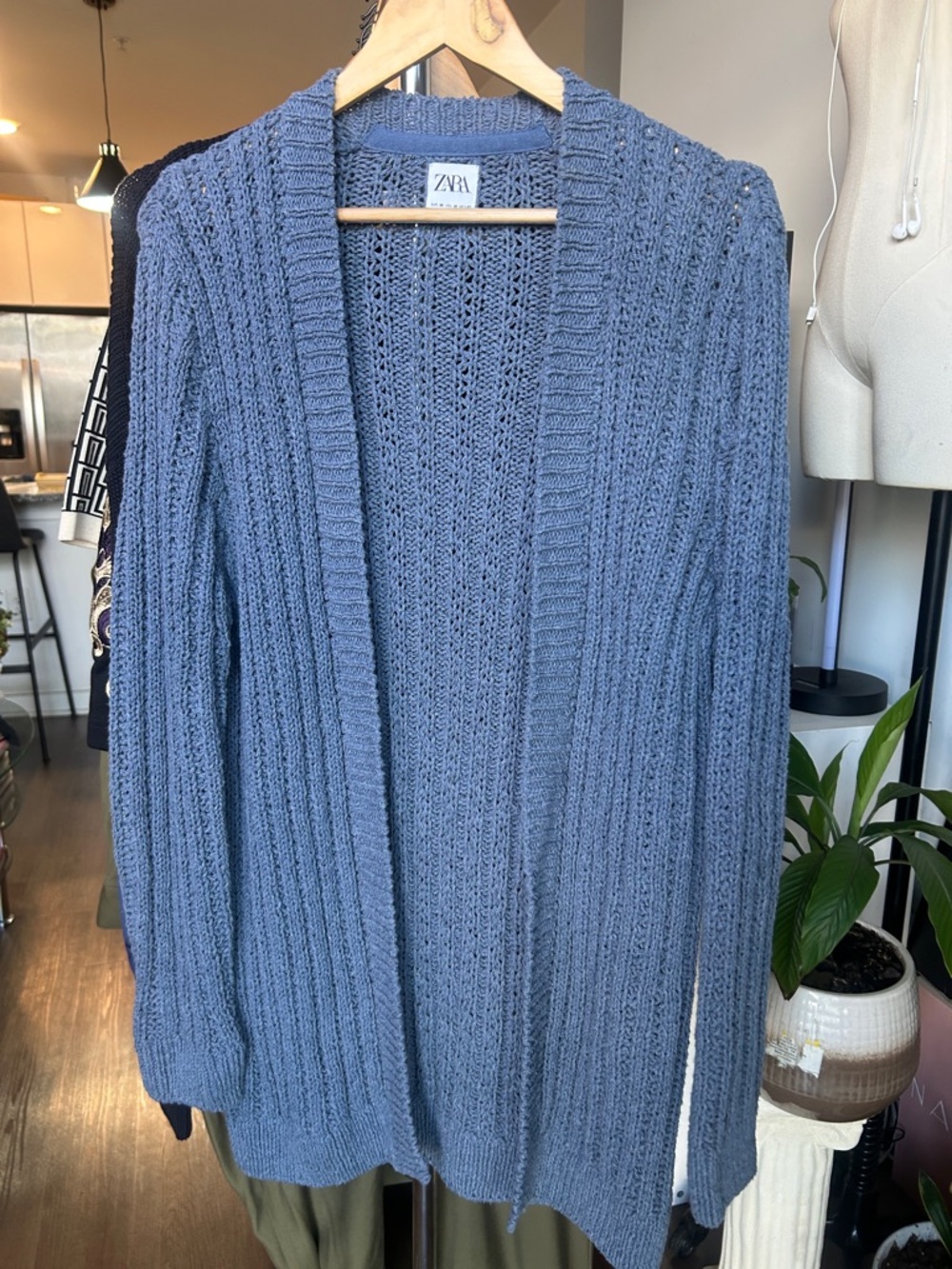 ZARA Dusty Blue Open-Front Ribbed Cardigan